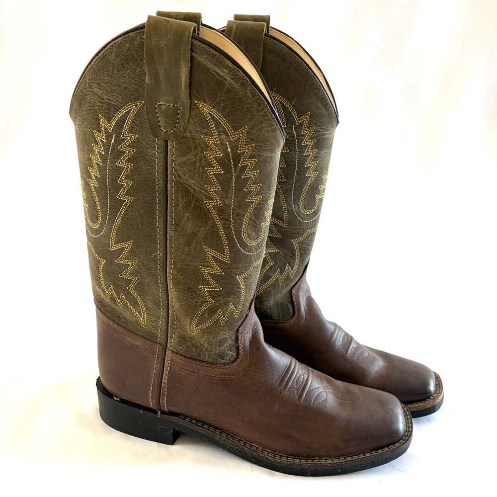 Old West boots Women 6 Boys 4.5 brown olive green leather